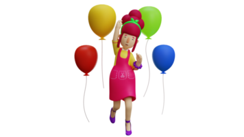 3d ilustração. alegre garçom 3d desenho animado personagem. lindo menina dentro animado pose. lindo empregada cercado de colorida balões. jovem mãe é muito feliz. 3d desenho animado personagem png