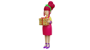 3d illustration. Jeune femme 3d dessin animé personnage. romantique mère porter une cadeau boîte. magnifique femme portant rouge tablier et prêt à donner cadeau. Femme de ménage fini emballage le cadeau. 3d dessin animé personnage png