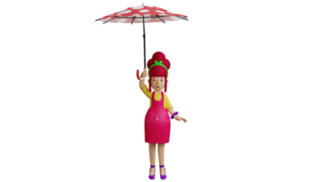 3d ilustração. lindo garçonete 3d desenho animado personagem. jovem mãe é segurando uma vermelho guarda-chuva. amigáveis garçonete traz guarda-chuva. lindo mulher carregando polca ponto guarda-chuva. 3d desenho animado personagem png