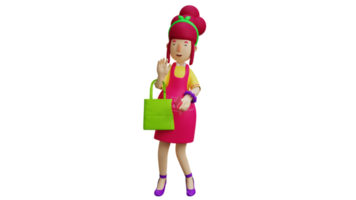 3d illustration. magnifique mère 3d dessin animé personnage. Jeune mère portant tablier et porter une sac. serveur est prêt à magasin. magnifique serveuse porter vert achats sac. 3d dessin animé personnage png