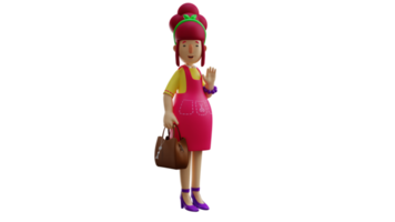 3D Illustration. Beautiful Mother 3D cartoon character. Beautiful young mother carries a brown bag. Waiter is ready to go shopping. Diligent Mother prepare to shop for home needs. 3D cartoon character png