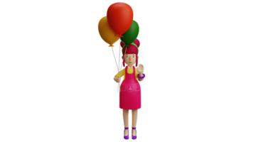 3d illustration. hårt arbetande kvinna 3d tecknad serie karaktär. flitig kvinna är bärande av ballonger. servitör försäljning färgrik ballonger. skön mor ger ballonger till henne barn. 3d tecknad serie karaktär png