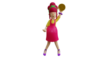 3D illustration. Happy Waiter 3D cartoon character. Beautiful maid finds a gold coin. Lucky maid raised a gold coin while smiling happily. The young mother who earns gold coin. 3D cartoon character png
