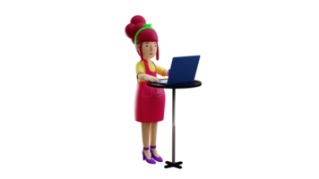 3D illustration. Cashier 3D cartoon character. Beautiful cashier is standing in front of the laptop. Cashier is counting something. Pretty waitress is studying use laptop. 3D cartoon character png
