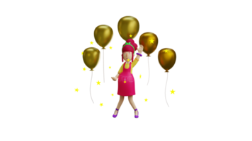 3D illustration. Happy Waitress 3D cartoon character. Pretty maid is having fun. Beautiful maid dancing under the stars. Waitress dances in front of gold balloons. 3D cartoon character png