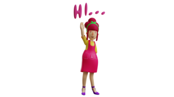 3D illustration. Friendly Waiter 3D Cartoon Character. Friendly young mother waving. The waitress smiled sweetly. Beautiful maid greets her friend. Waitress with HI written on it. 3D Cartoon Character png