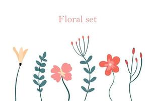 Floral set of 6 cute elements. Beautiful flowering plants with a botanical theme. Rose, leaves, bellflower. Vector set of beautiful botanical elements in flat style.