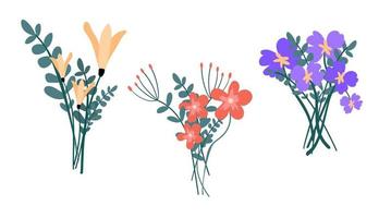 Beautiful blooming spring bouquets in flat style. Botanical theme. Pink, purple flowers, green leafy twigs. A set of brightly colored bouquets. vector
