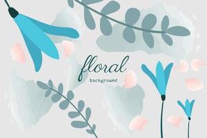 Spring floral vector background. Luxurious wallpaper design with delicate flowers, bells, leaves and spots. Minimalistic blue botanical illustration suitable for fabric, prints, cover art.