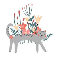Vector illustration with a cat and flowers in a flat style. Gray cat in bright and varied flowers and branches. Stylish illustration with botanical theme. Cartoon cat. White isolated background.