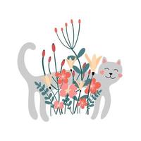 Cute spring illustration in a flat style. Gray cat in bright and varied flowers and twigs. Stylish illustration with botanical theme. Cartoon cat. White isolated background. vector