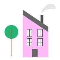 Pink house in a flat style. Vector illustration with a town house. Stylish house near a tree. White isolated background.