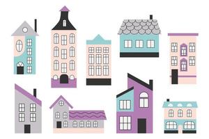 A set of flat style houses. Buildings with windows in Scandinavian style. Town and country houses with windows, roof tiles and chimneys with smoke. White insulated background. vector