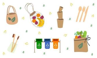 Zero waste.Various eco objects.Hand drawn big vector set. Zero waste recycling elements, toothbrush, shopping bag with fruit,eco cup,waste sorting bins