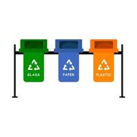 Garbage bins in different colors with paper, plastic, glass, recyclable. Waste segregation, waste sorting, waste management. Vector illustration with isolated background.