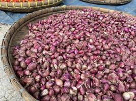 close up of red onion on round wooden tray in traditional market photo