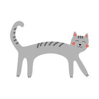 Cute gray vector cat in a flat style. Striped cat with heart-shaped cheeks.  Cartoon cat for printing on fabric, posters, postcards. White isolated background.