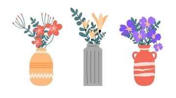 Flower vases. Beautiful blooming spring bouquets in flat style. Illustration of a flower vase for interior decoration. Set of brightly colored bouquets. vector