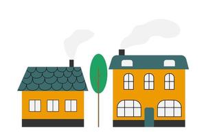 A set of cute orange houses. A house with a roof, windows and smoke from the chimney. Flat style vector illustration.