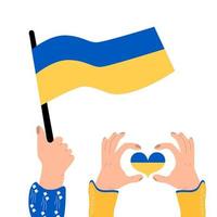 No war in Ukraine vector illustration with isolated background.Call for an end to the war. Rallies for Ukraine. A Ukrainian hand in a vysovanka holds the Ukrainian flag. Heart in blue and yellow.