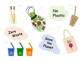 Various eco objects. Hand drawn big color vector set. Zero waste recycling elements,toothbrush, shopping bag with vegetables and fruits, eco cup, waste sorting bins.Eco style, save the planet concept.