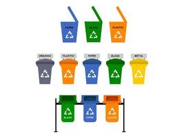 Waste separation. Vector set with different trash cans. Waste sorting by material and type in colored trash cans. Separation and recycling of garbage vector infographic. Garbage, ecological trash.