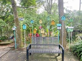 a bench in the outdoor park with birds houses as background. good spot for photography. birds and green concept photo