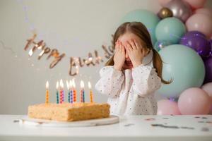 cute little girl blows out candles on a birthday cake at home against a backdrop of balloons. Child's birthday photo