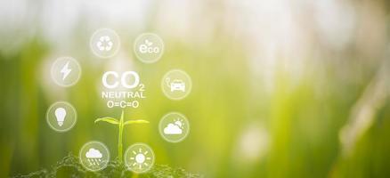 concepto co2 emisión con ecología y verde hoja en suelo en el naturaleza fondo, reducir co2 carbón en negocio laboral, natural ambiente usos renovable energía, medio ambiente proteccion, tierra día foto