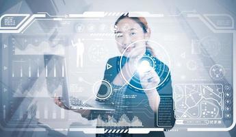 Woman using laptop with virtual world and model map with location point , GPS app, icon Travel maps and find places in the online system, all screen graphics are generated,Searching for travel. photo