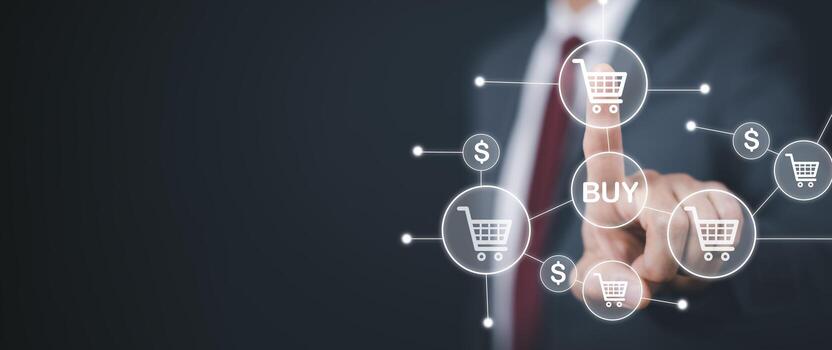 Online shopping on the Internet concept, Businessman touch button shopping cart online phone credit card, e-commerce button on virtual interface with shopping cart, credit card and wireless web icons photo