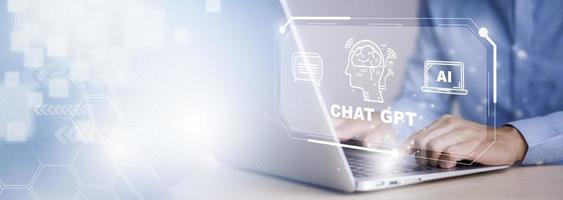 hombre que usa una computadora portátil y un bot de chat de barra táctil con ai, inteligencia artificial, sistema de inteligencia artificial y chatbot de inteligencia artificial, chatbot digital, aplicación de robot, conversación foto