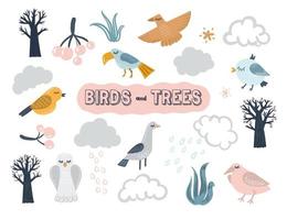 escandinavo vector conjunto con aves, arboles y nubes dibujos animados linda ilustración para niños diseño.