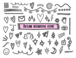 Vector Outline decorative elements. Collection of doodle items for design