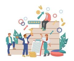 Business concept of leadership and successful effective teamwork with people on symbolic career ladder. Business people taking part in business meeting and brainstorming, flat vector illustration.