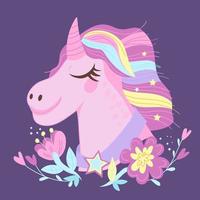 Poster or card with unicorn fancy image and flowers, flat vector illustration. Cartoon unicorn with rainbow mane in pastel tints on violet background.