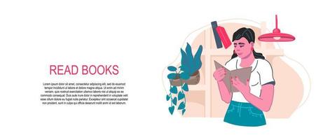 plantilla de banner para el concepto de lectura y educación de libros con una mujer sosteniendo un libro abierto en las manos. aprenda y adquiera conocimientos, biblioteca y diversión de libros leyendo ilustraciones vectoriales planas. vector