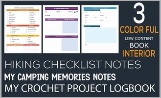 HIKING CHECKLIST NOTES MY CAMPING MEMORIES NOTES MY CROCHET PROJECT LOGBOOK vector