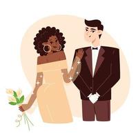 novia con un ramo de flores y novio en la boda, ilustración de estilo plano vector