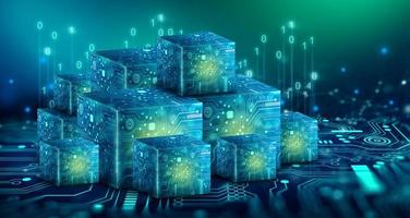 Cube technology with Abstract blue background. Blockchain Network System. 3D illustration. photo