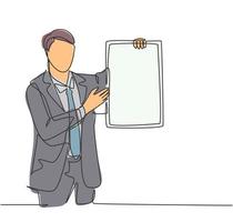 Single continuous line drawing of young presenter giving instruction using little blackboard while meeting at the office. Work presentation concept one line draw design graphic vector illustration