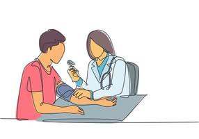 un dibujo continuo de una sola línea de una joven doctora que controla la presión arterial y el pulso del paciente en el hospital. Ilustración de vector de diseño de dibujo de línea única de concepto de atención médica de chequeo médico