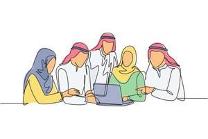 un grupo de dibujo de líneas continuas de jóvenes gerentes de marketing musulmanes hablando de estrategias para aumentar las ventas de productos. ropa islámica kandura, bufanda, hijab. Ilustración de vector de diseño de dibujo de una sola línea