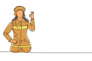 Single one line drawing female firefighter with uniform, gesture okay and hand on waist prepare to put out the fire that burned building. Modern continuous line draw design graphic vector illustration