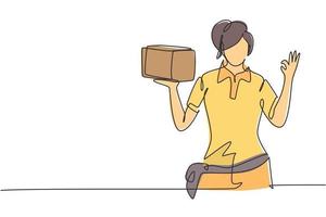 Continuous one line drawing deliverywoman with gesture okay, carrying the package box to be delivered to customers with best service. Success job. Single line draw design vector graphic illustration