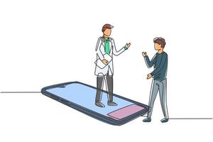 Single continuous line drawing male doctor standing on smartphone, in front of his standing male patient. Online medical services and consultation. One line draw graphic design vector illustration