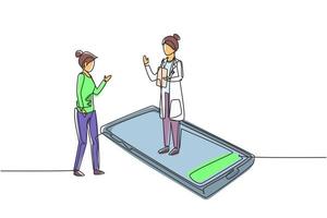 Single one line drawing female doctor standing on smartphone, in front of her standing female patient. Online medical services and consultation. Continuous line draw design graphic vector illustration