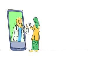 Continuous one line drawing hijab female patient holding smartphone standing facing giant smartphone and consulting female doctor. Doctor online. Single line draw design vector graphic illustration