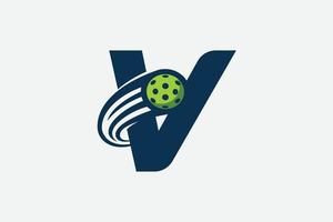 letra v logo con Moviente pickleball vector