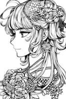 A beautiful girl, featuring decorations and costumes, doodle, coloring book. Vector illustration